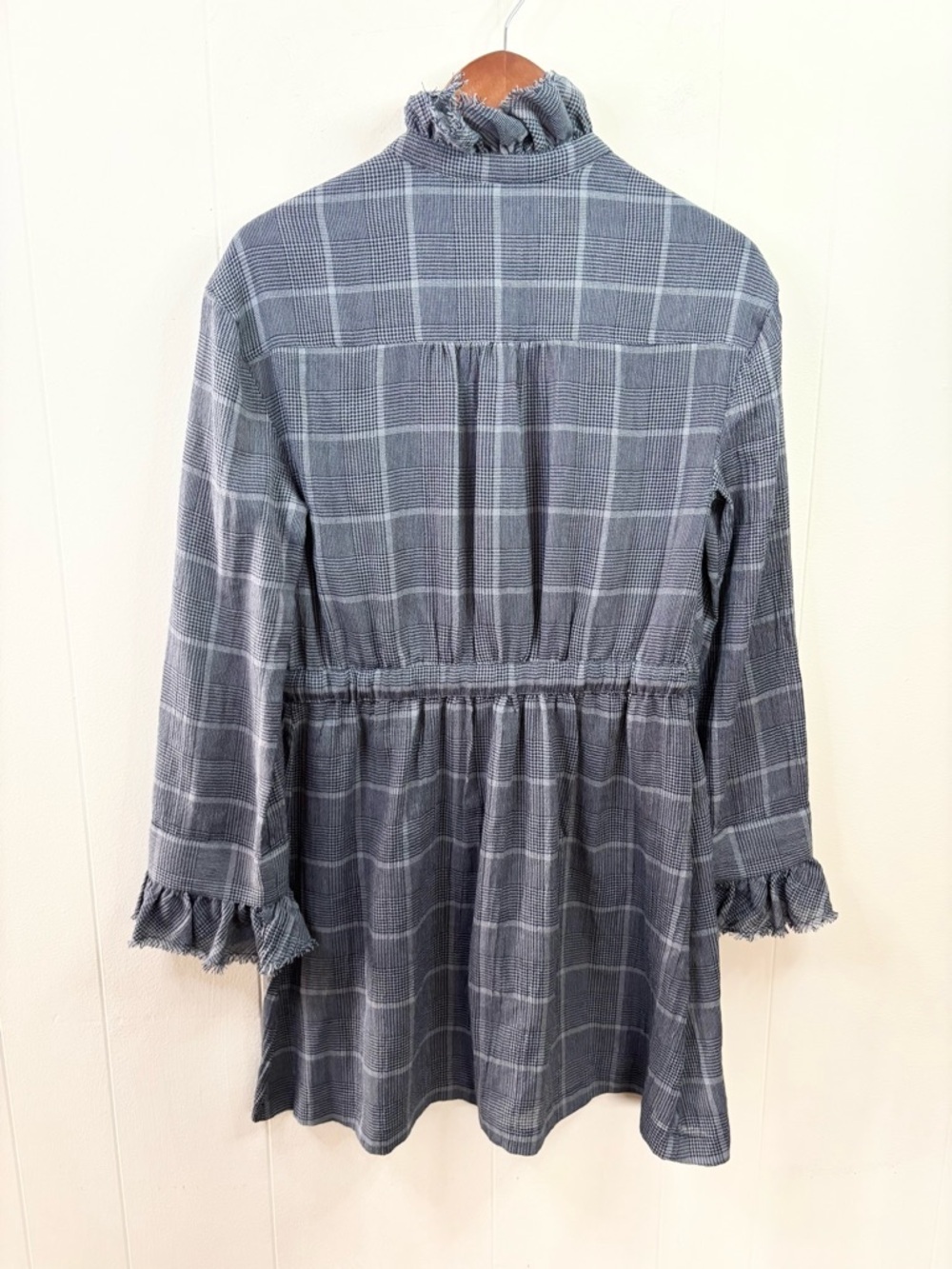 Cinq a Sept long sleeve mini dress size XS plaid shirt dress ruffle collar - Picture 5 of 5